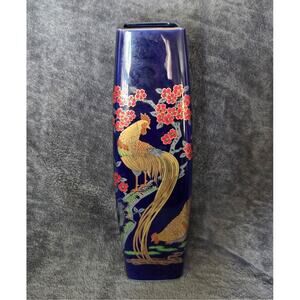 Vtg Cobalt Blue Japanese Porcelain Vase Rooster Cherry Pheasants Flowers